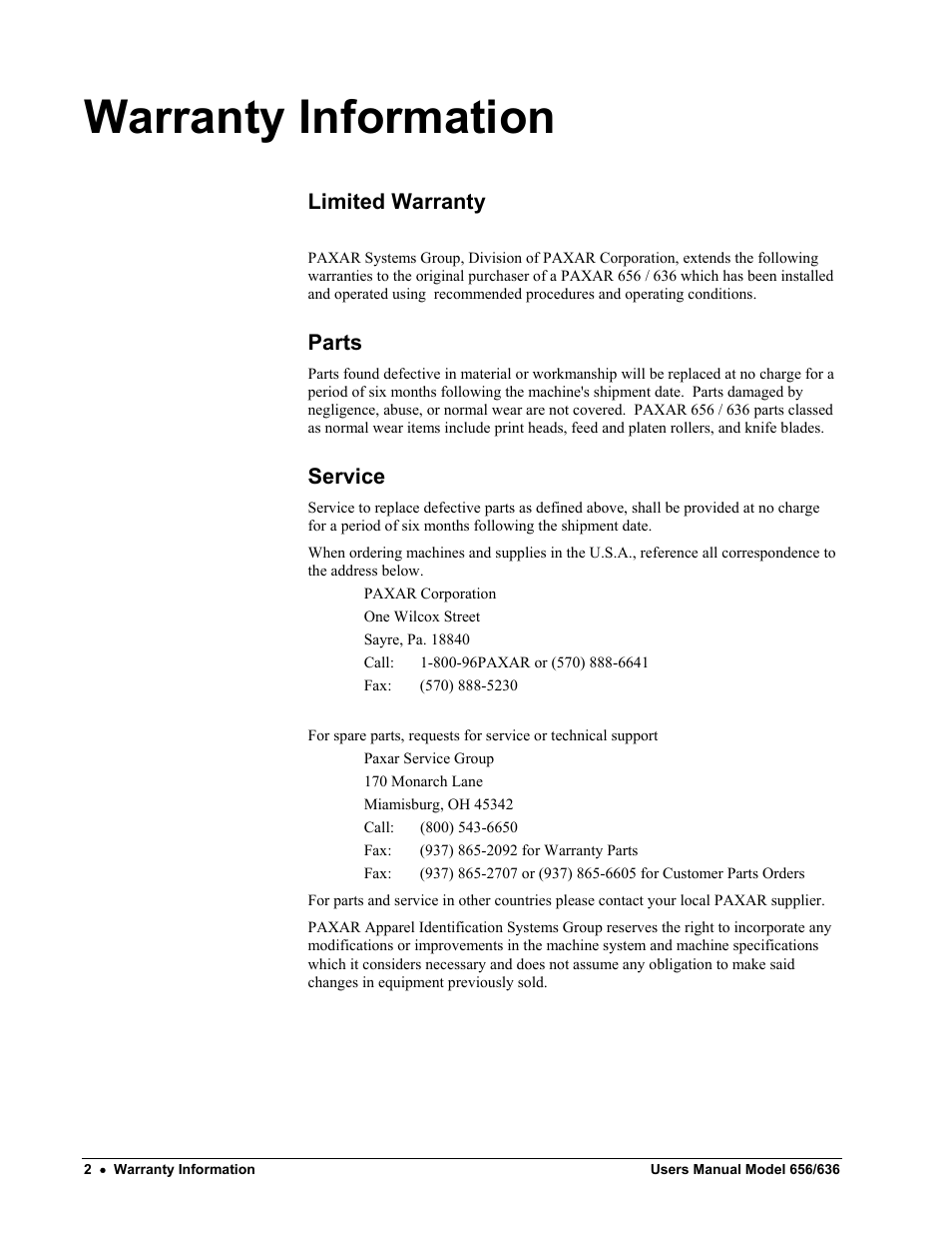 Warranty information, Limited warranty, Parts | Service | Paxar 656 / 636 User Manual | Page 8 / 115