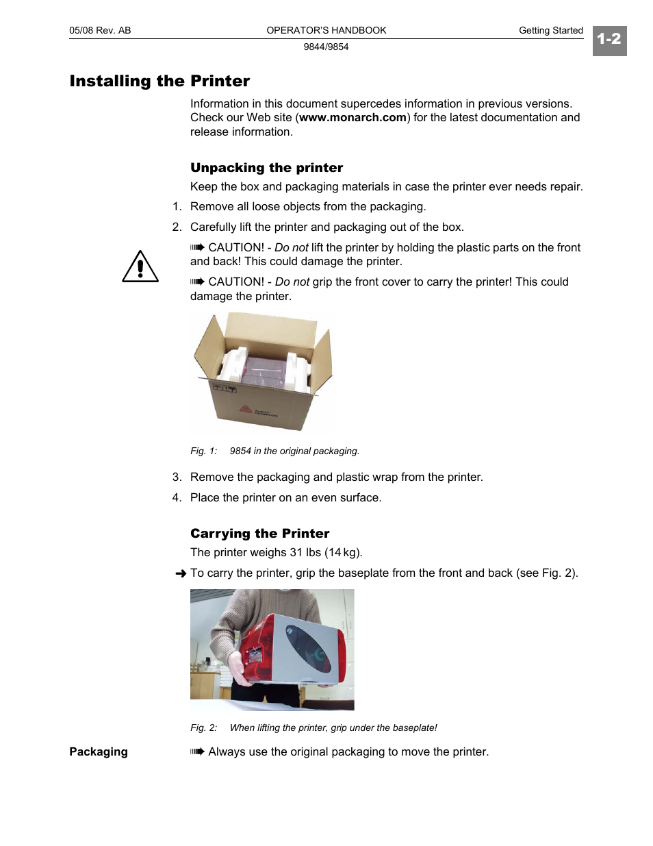 Installing the printer | Paxar 9854 User Manual | Page 10 / 56