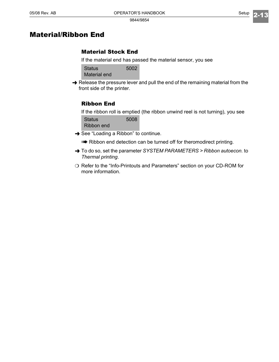 Material/ribbon end | Paxar 9854 User Manual | Page 41 / 56