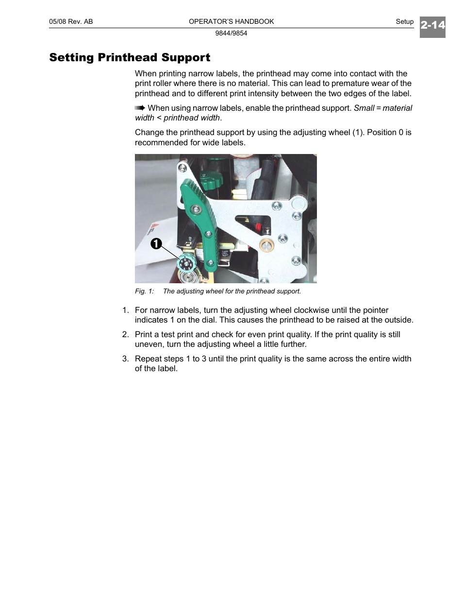 Setting printhead support | Paxar 9854 User Manual | Page 42 / 56