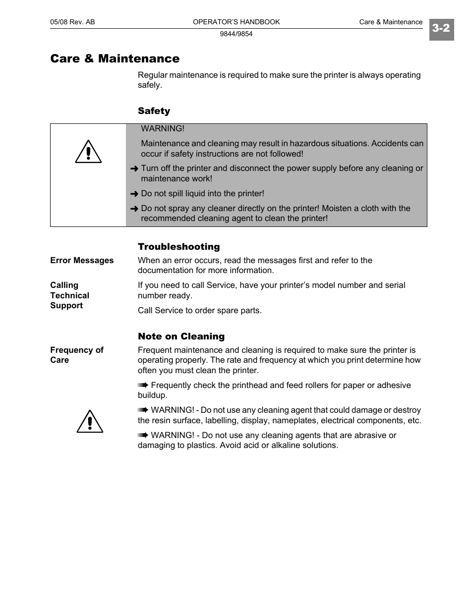 Care & maintenance | Paxar 9854 User Manual | Page 46 / 56