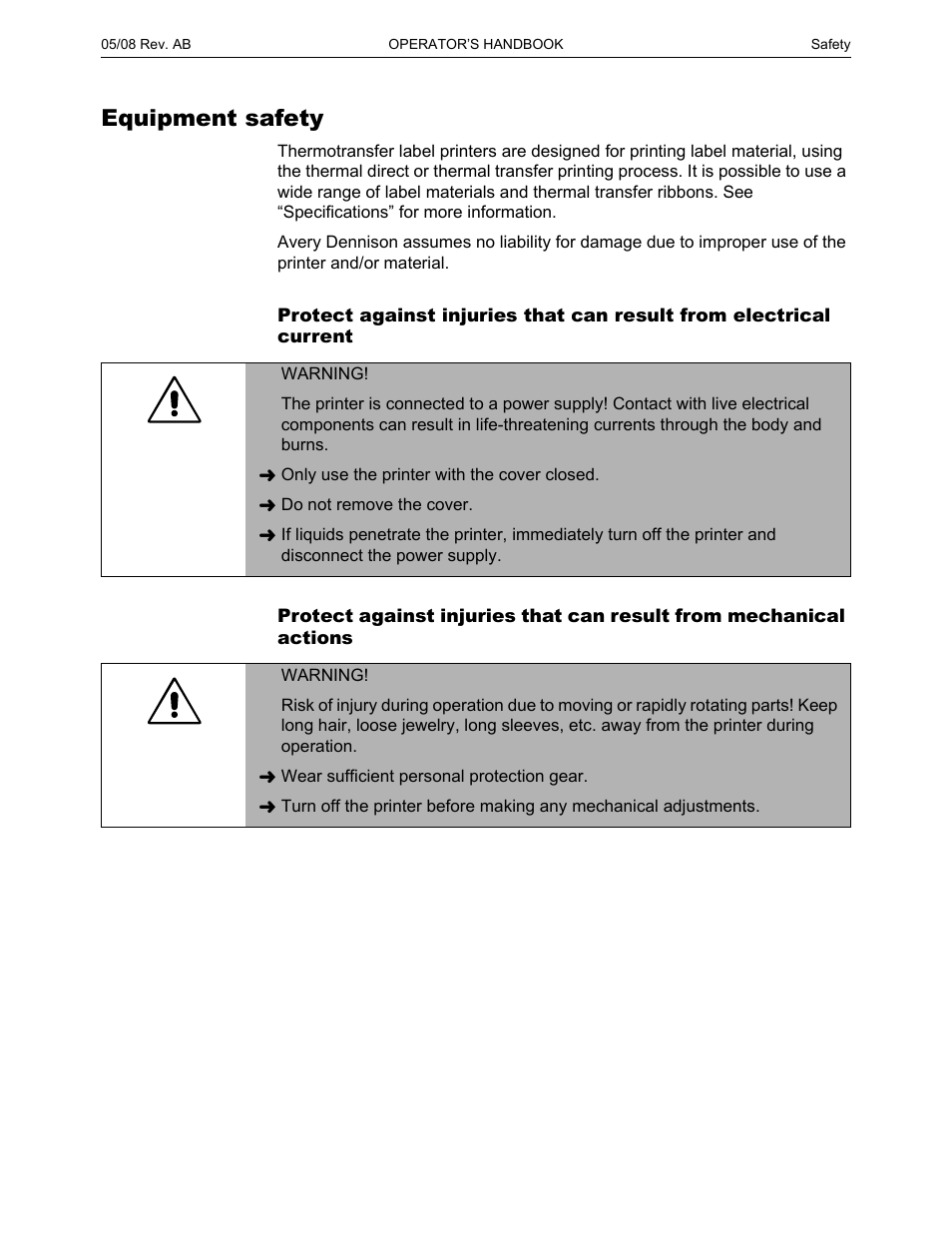 Equipment safety | Paxar 9854 User Manual | Page 5 / 56