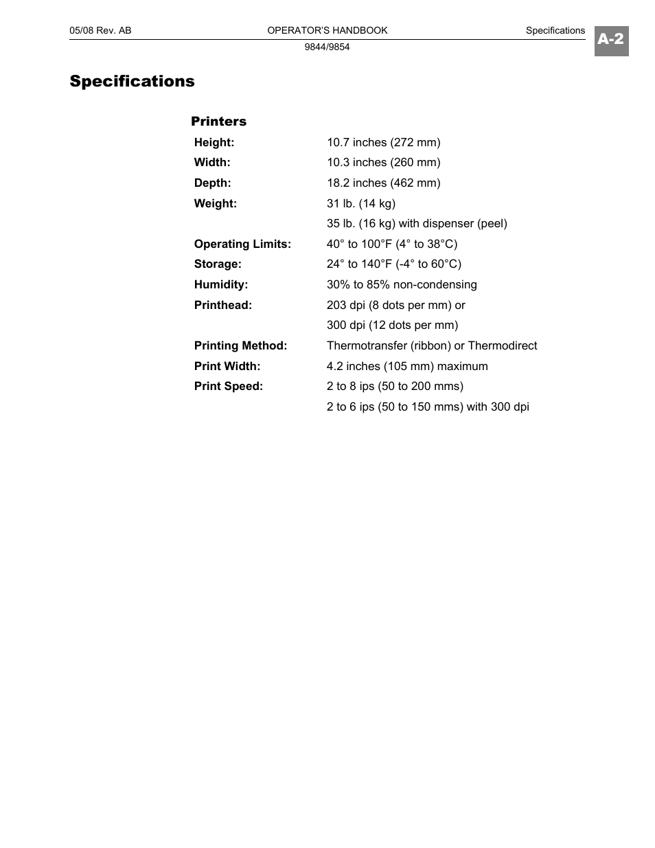 Specifications | Paxar 9854 User Manual | Page 52 / 56