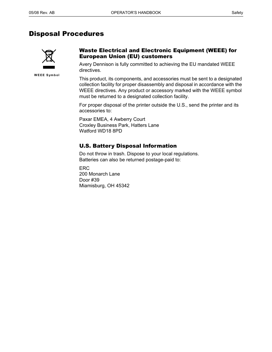 Disposal procedures | Paxar 9854 User Manual | Page 6 / 56