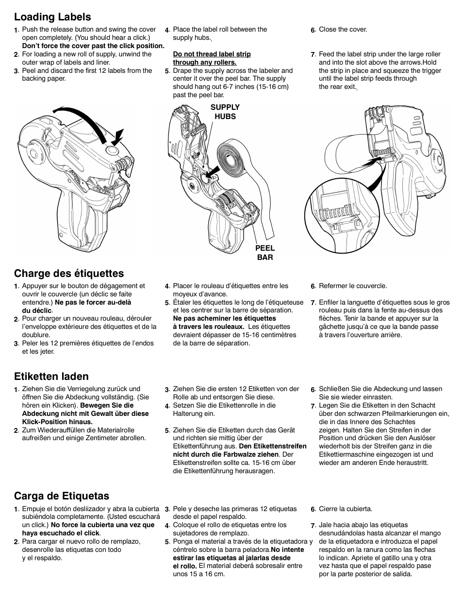 Loading labels, Charge des étiquettes, Etiketten laden | Carga de etiquetas | Paxar Labelers 1159 Series User Manual | Page 2 / 4