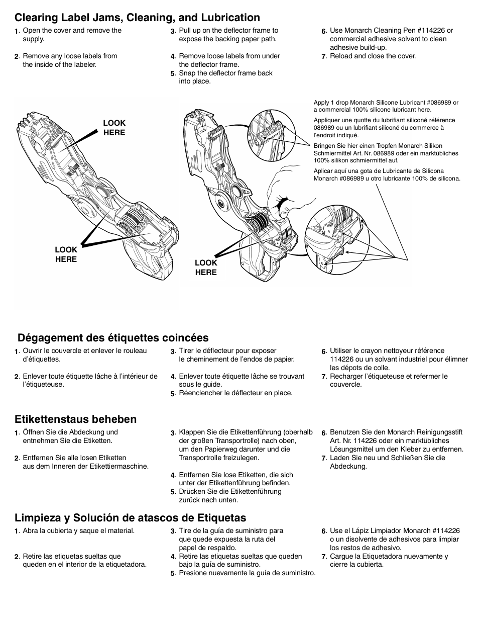 Clearing label jams, cleaning, and lubrication, Dégagement des étiquettes coincées, Etikettenstaus beheben | Limpieza y solución de atascos de etiquetas | Paxar Labelers 1159 Series User Manual | Page 3 / 4