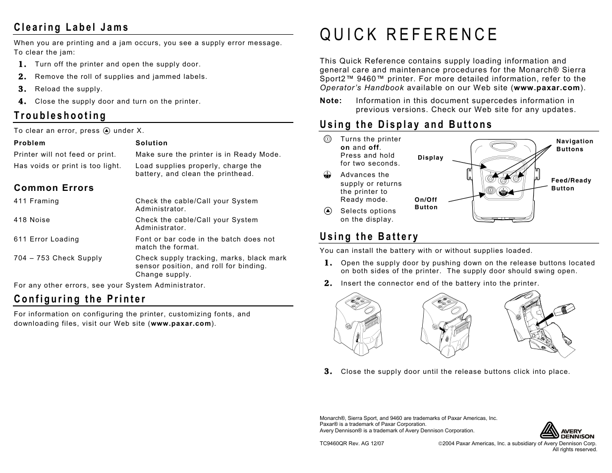 Paxar 9460 User Manual | 4 pages