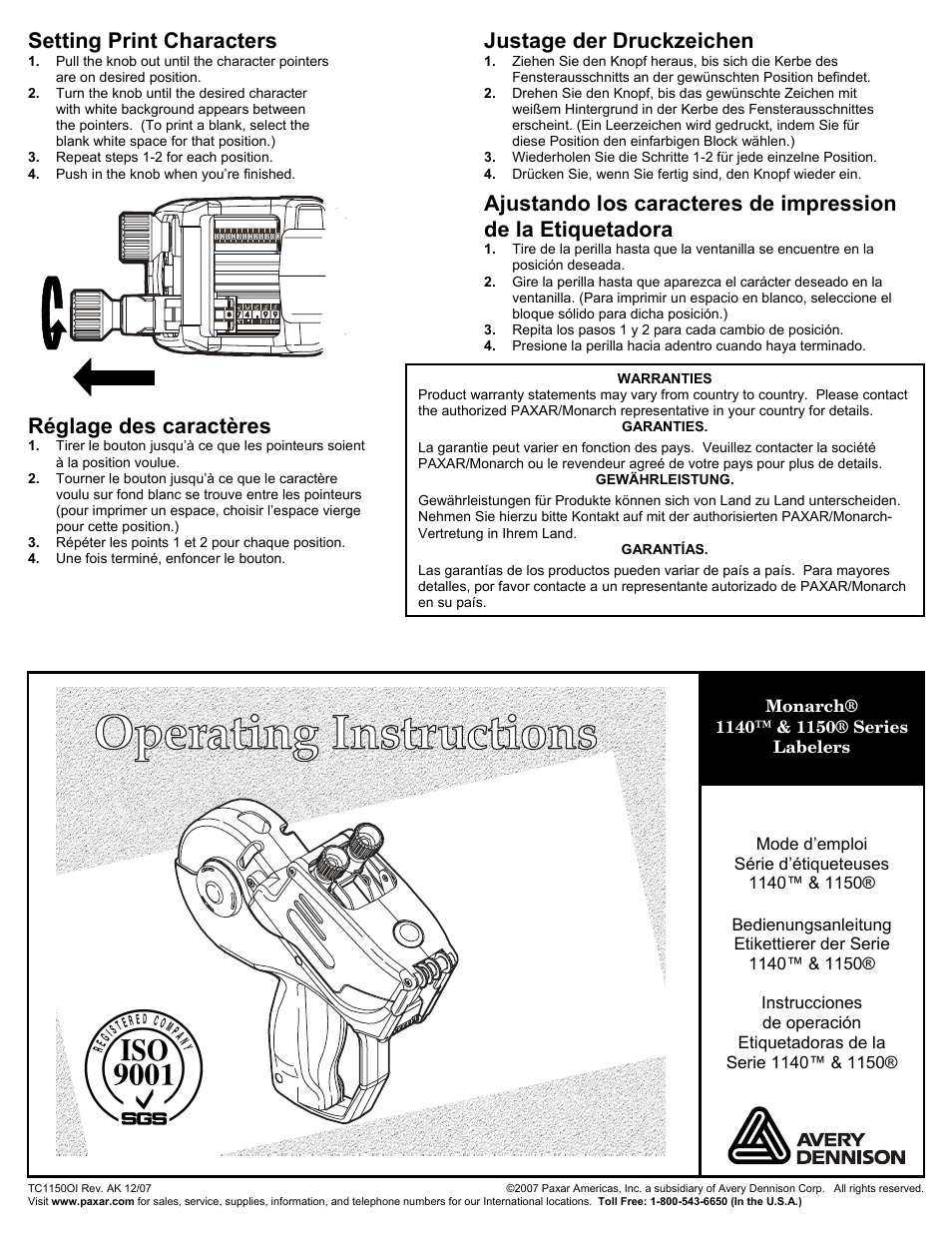 Paxar 1150 Series User Manual | 4 pages
