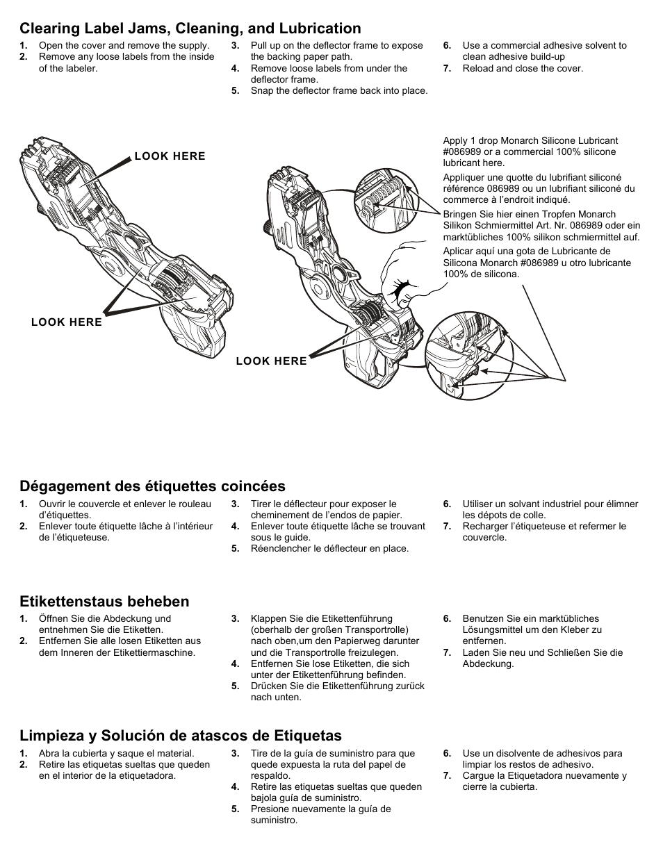 Clearing label jams, cleaning, and lubrication, Dégagement des étiquettes coincées, Etikettenstaus beheben | Limpieza y solución de atascos de etiquetas | Paxar 1150 Series User Manual | Page 4 / 4