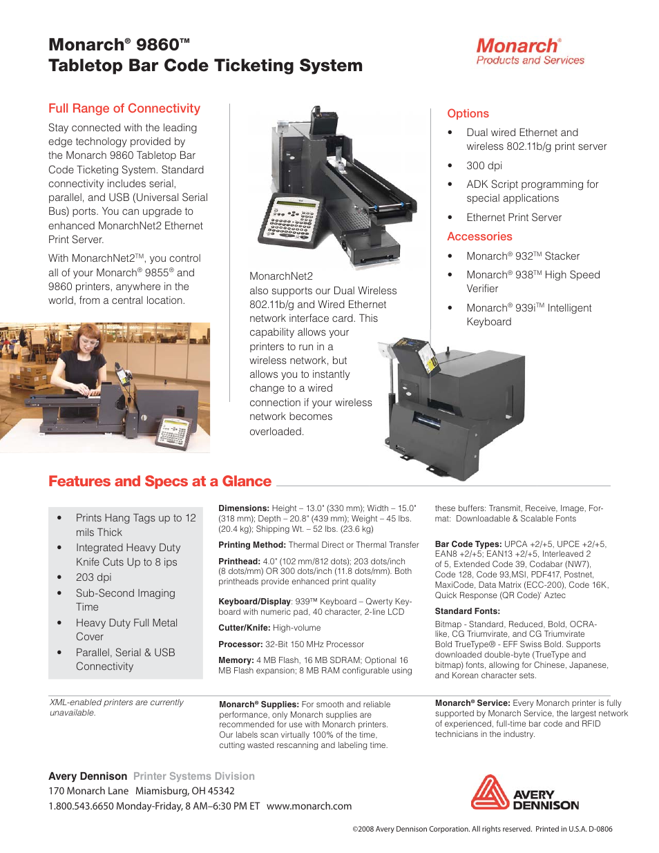 Monarch, Tabletop bar code ticketing system, Features and specs at a glance | Full range of connectivity | Paxar Bar Code Ticketing System Monarch 9860 User Manual | Page 2 / 2