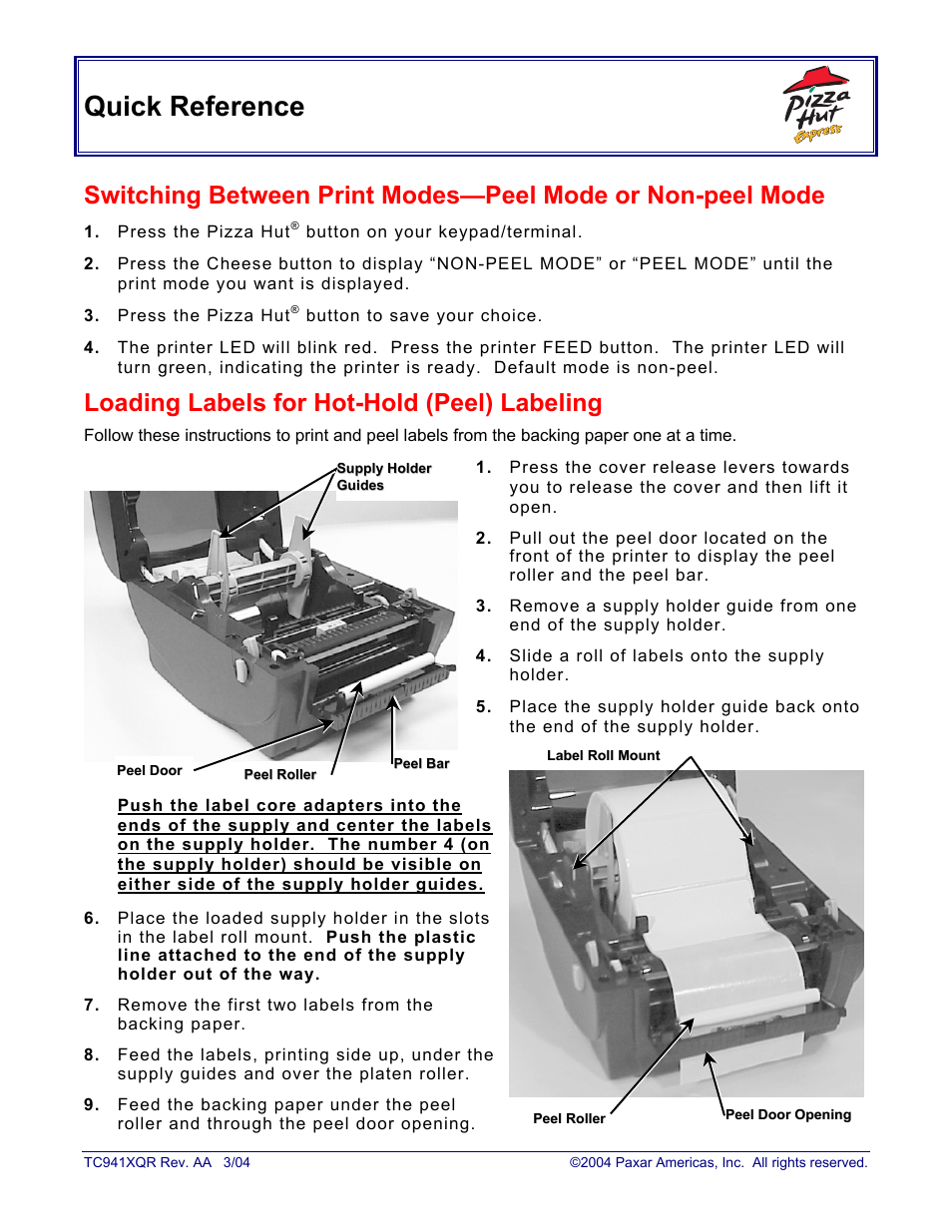 Paxar Pizza Hut TC941XQR User Manual | 2 pages