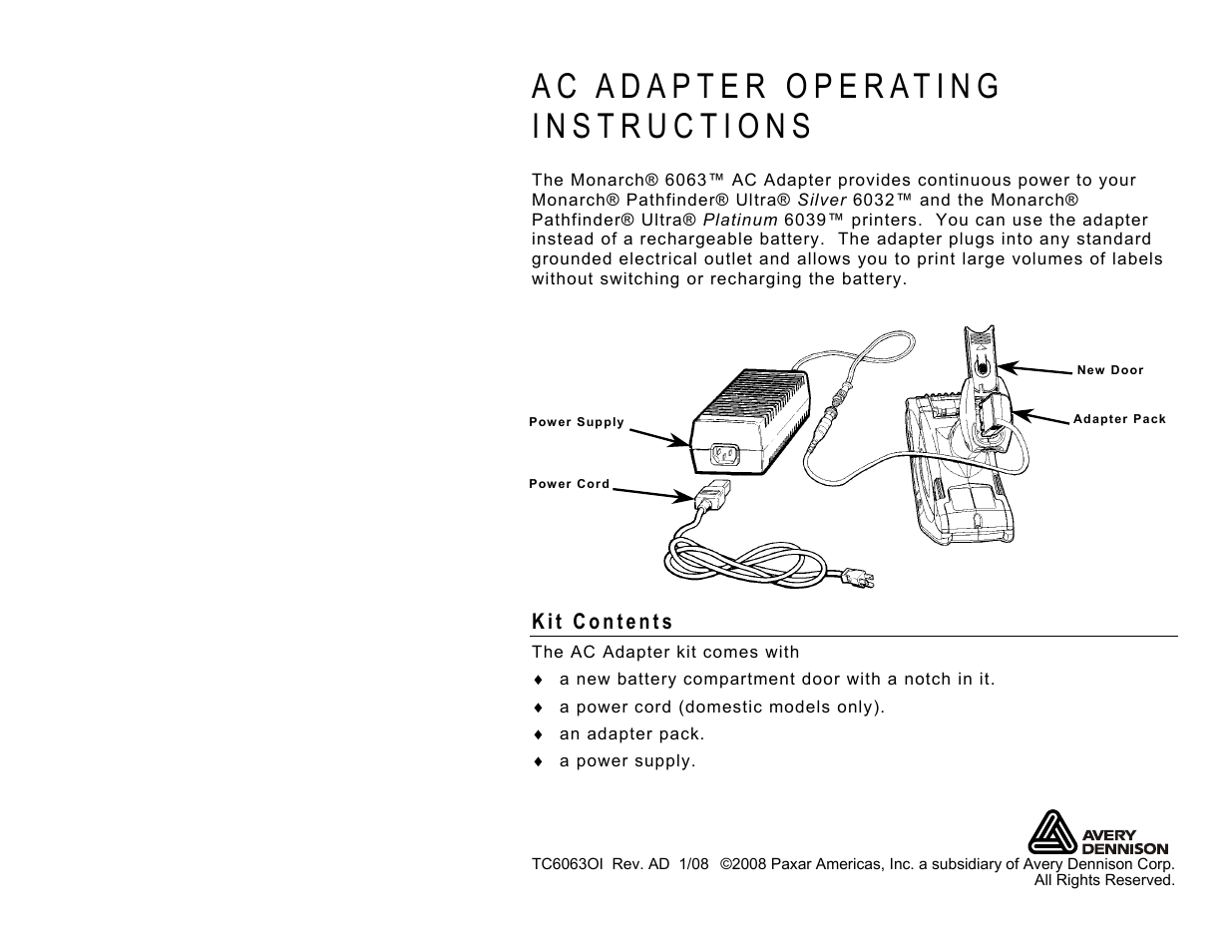 Paxar AC Adapter Monarch 6063TM User Manual | 4 pages