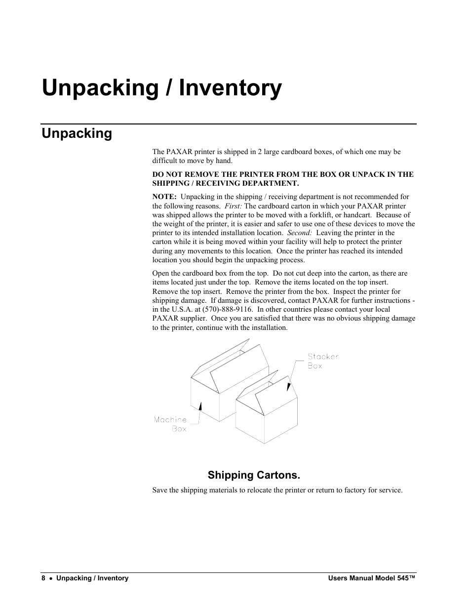 Unpacking / inventory, Unpacking | Paxar 545 User Manual | Page 10 / 121