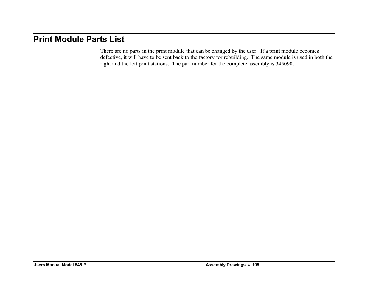 Print module parts list | Paxar 545 User Manual | Page 107 / 121
