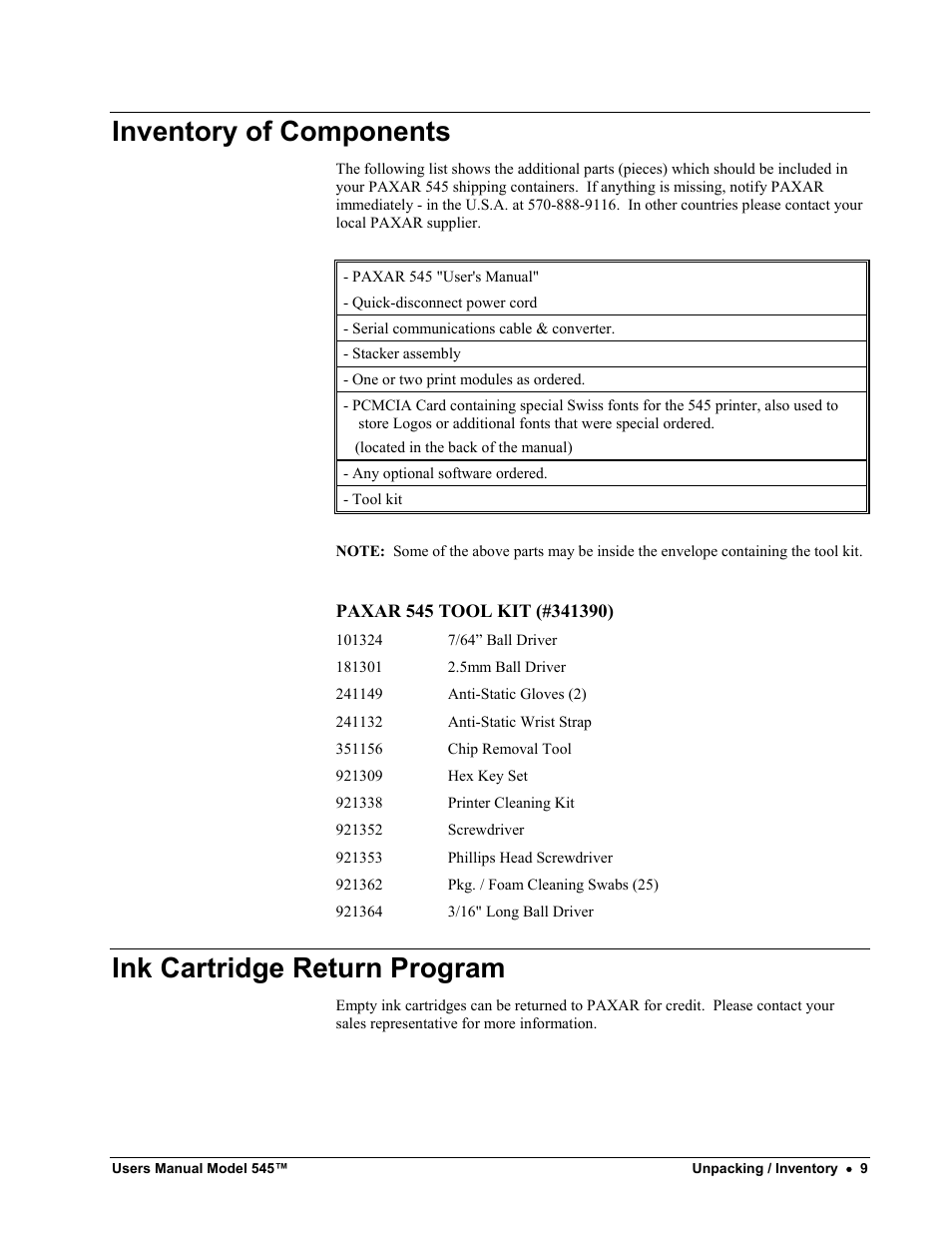 Inventory of components, Ink cartridge return program | Paxar 545 User Manual | Page 11 / 121