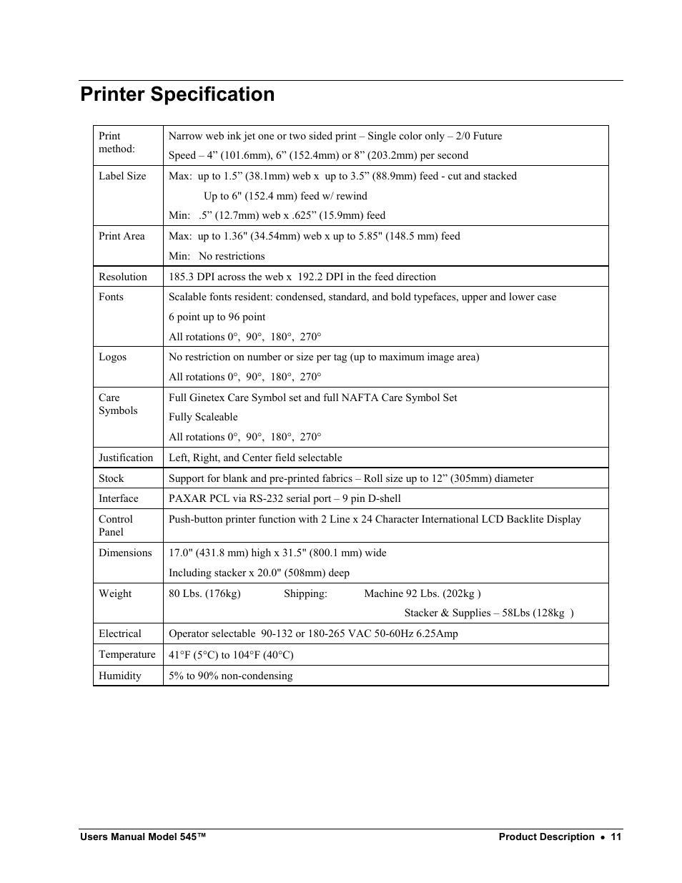 Printer specification | Paxar 545 User Manual | Page 13 / 121