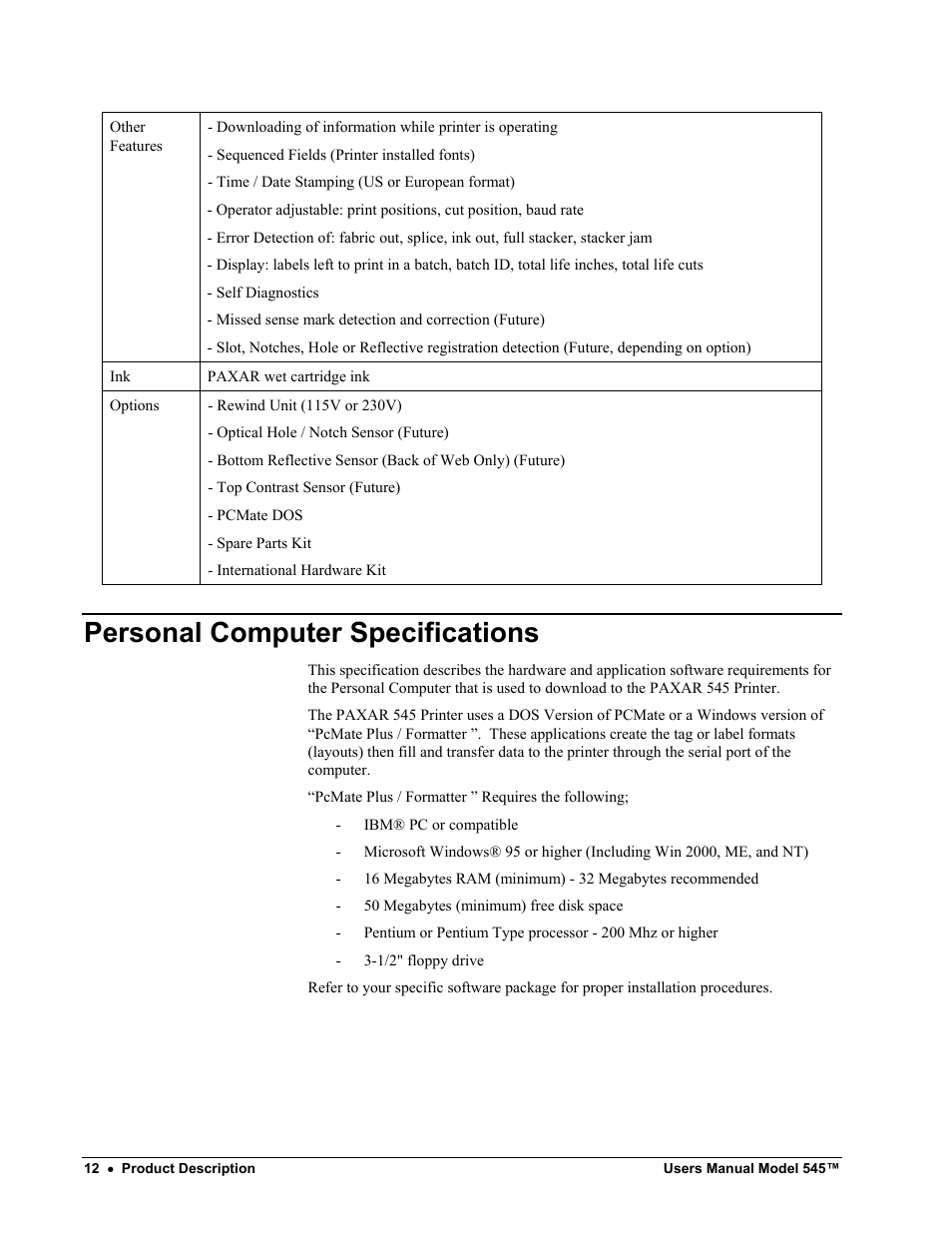 Personal computer specifications | Paxar 545 User Manual | Page 14 / 121