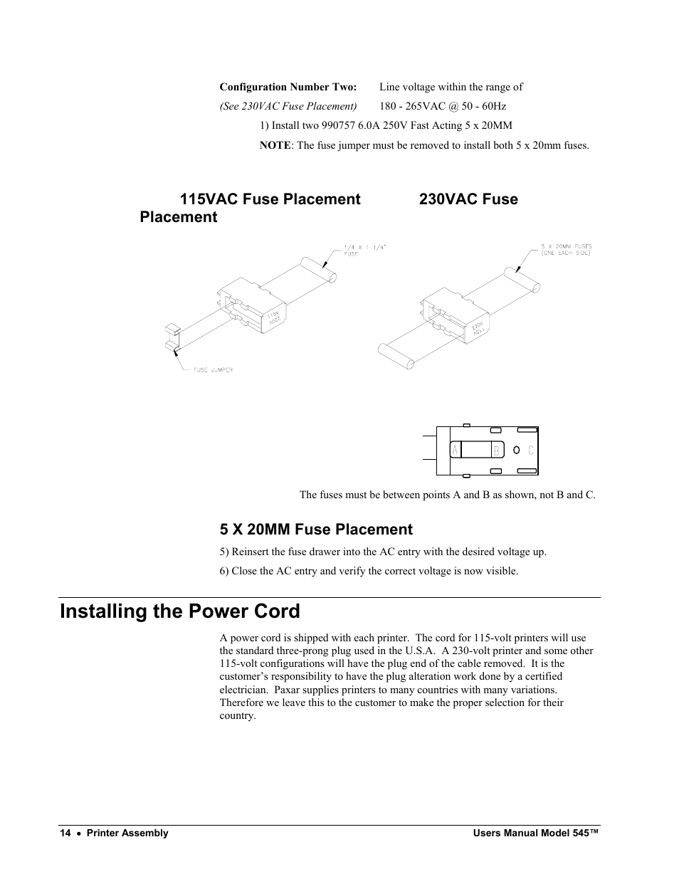 Installing the power cord, 5 x 20mm fuse placement | Paxar 545 User Manual | Page 16 / 121