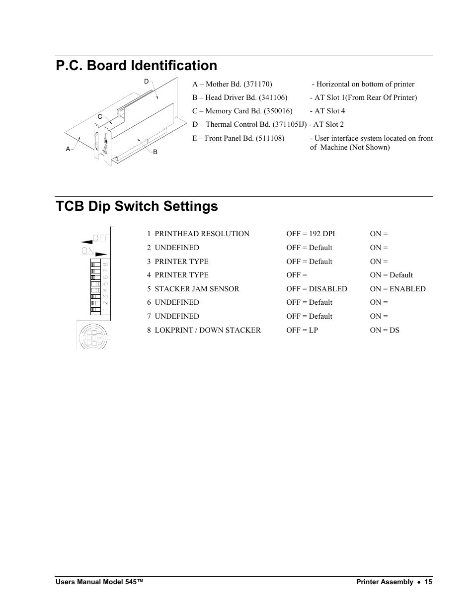 P.c. board identification, Tcb dip switch settings | Paxar 545 User Manual | Page 17 / 121