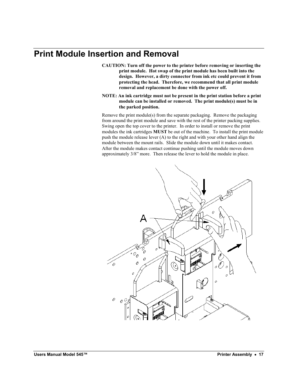Print module insertion and removal | Paxar 545 User Manual | Page 19 / 121