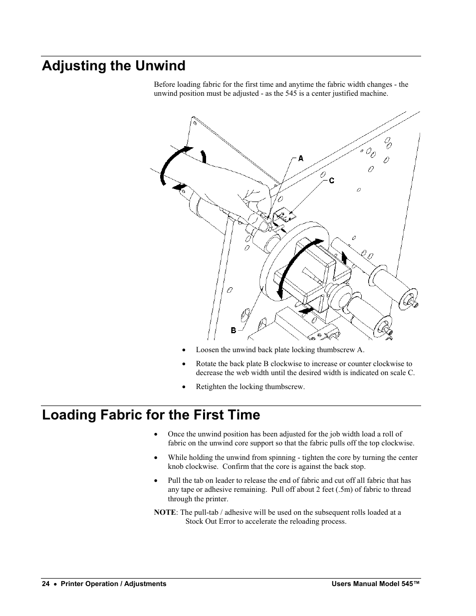 Adjusting the unwind, Loading fabric for the first time | Paxar 545 User Manual | Page 26 / 121