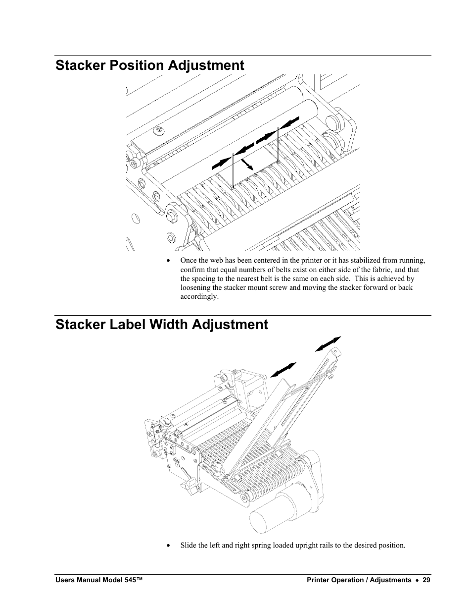 Stacker position adjustment, Stacker label width adjustment | Paxar 545 User Manual | Page 31 / 121