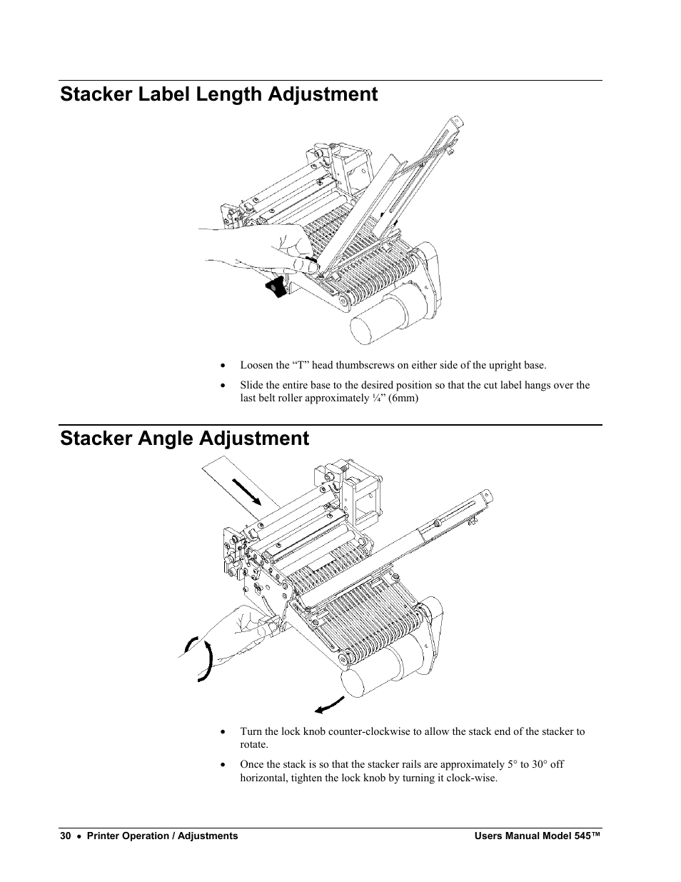 Stacker label length adjustment, Stacker angle adjustment | Paxar 545 User Manual | Page 32 / 121