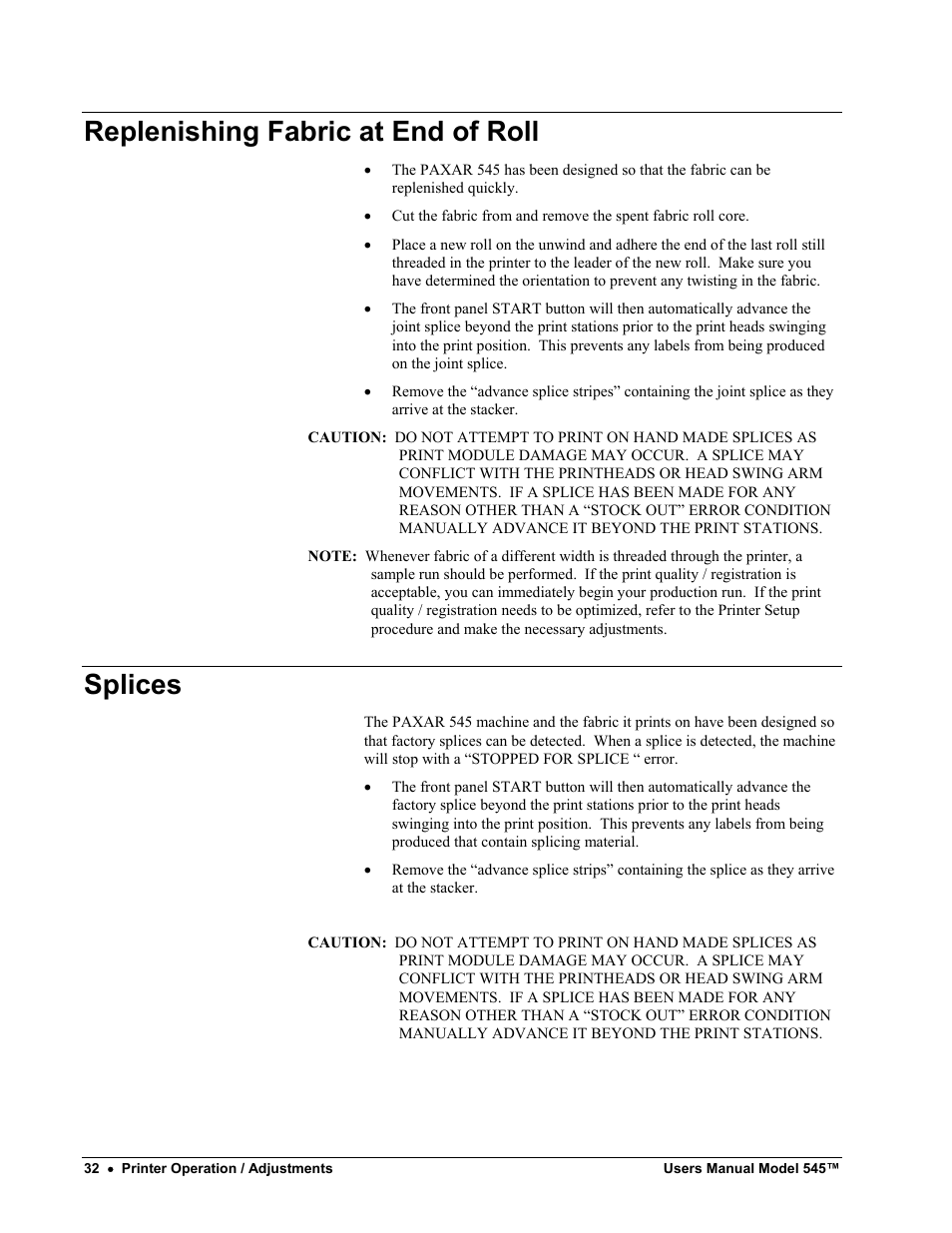 Replenishing fabric at end of roll, Splices | Paxar 545 User Manual | Page 34 / 121