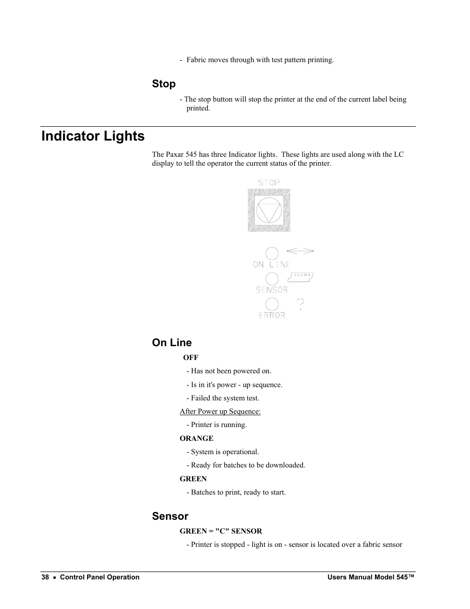 Indicator lights, Stop, On line | Sensor | Paxar 545 User Manual | Page 40 / 121