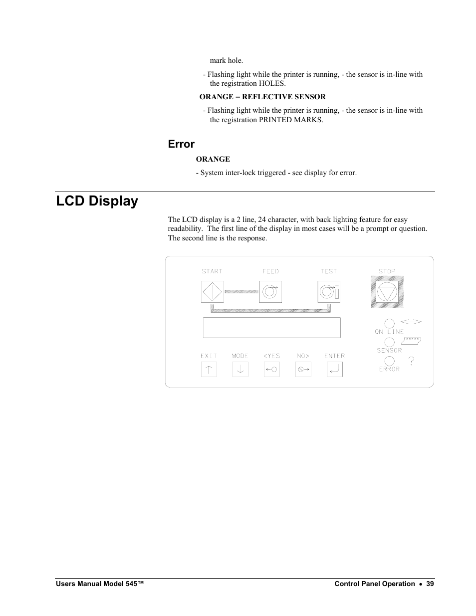 Lcd display, Error | Paxar 545 User Manual | Page 41 / 121