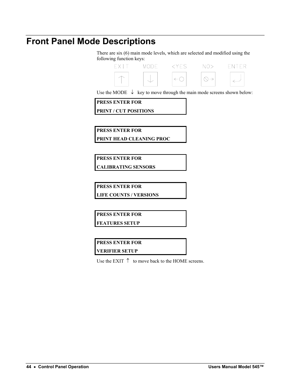 Front panel mode descriptions | Paxar 545 User Manual | Page 46 / 121