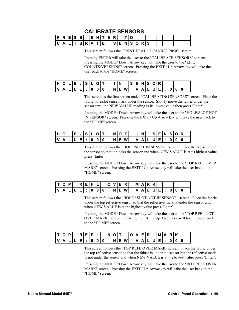 Calibrate sensors | Paxar 545 User Manual | Page 51 / 121