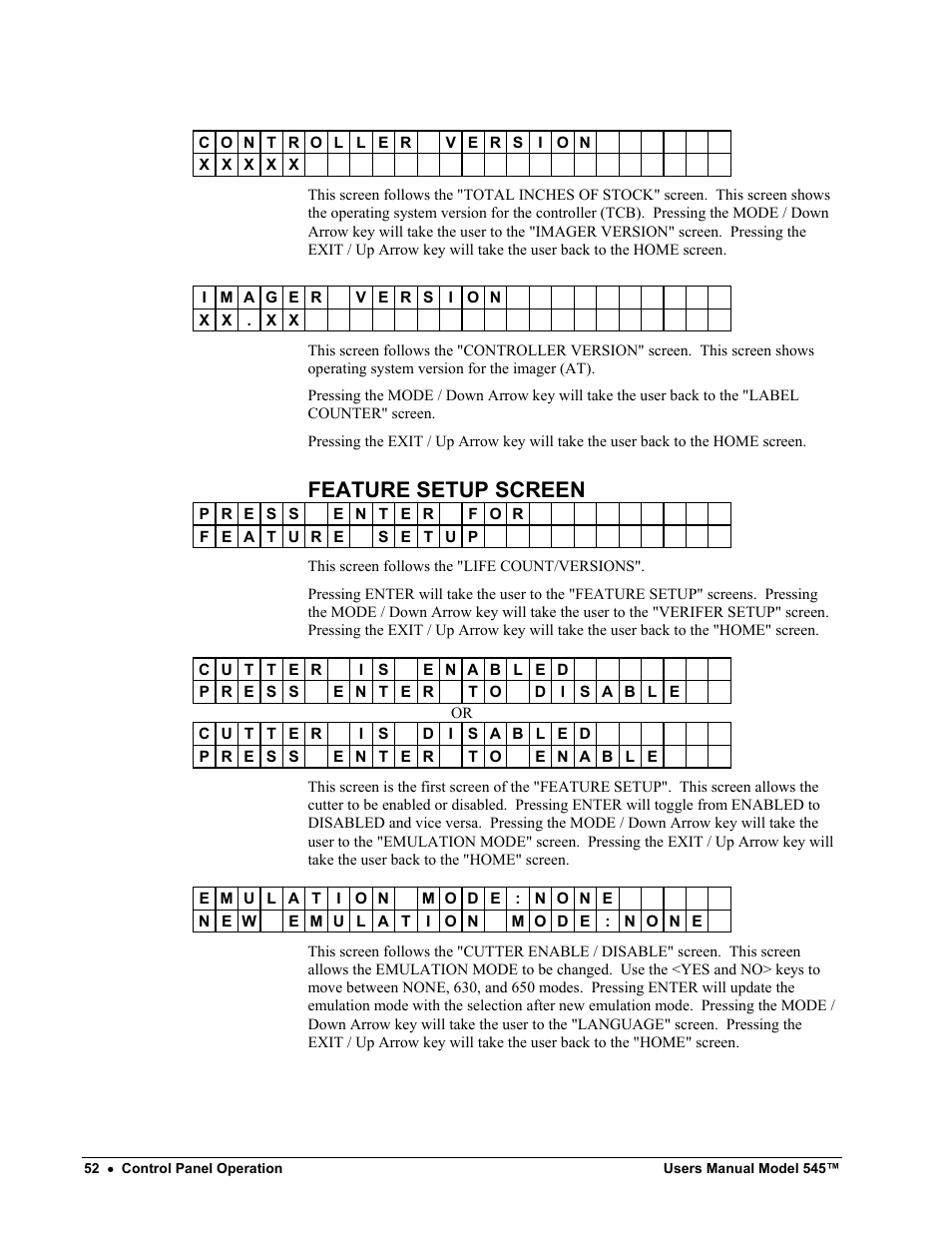 Feature setup screen | Paxar 545 User Manual | Page 54 / 121