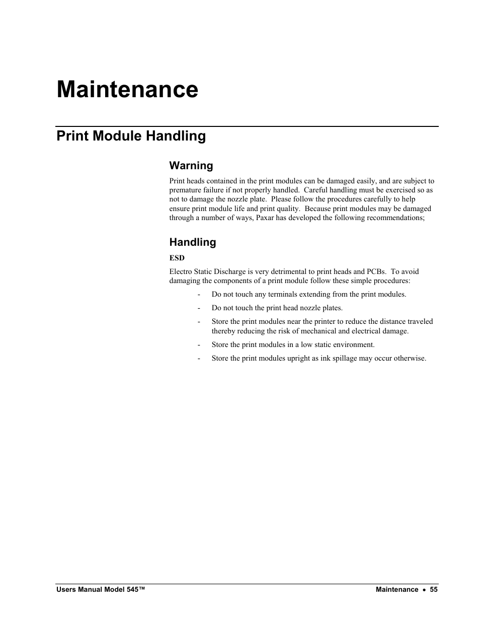Maintenance, Print module handling | Paxar 545 User Manual | Page 57 / 121