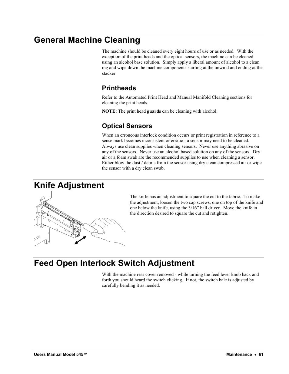 General machine cleaning, Knife adjustment, Feed open interlock switch adjustment | Paxar 545 User Manual | Page 63 / 121