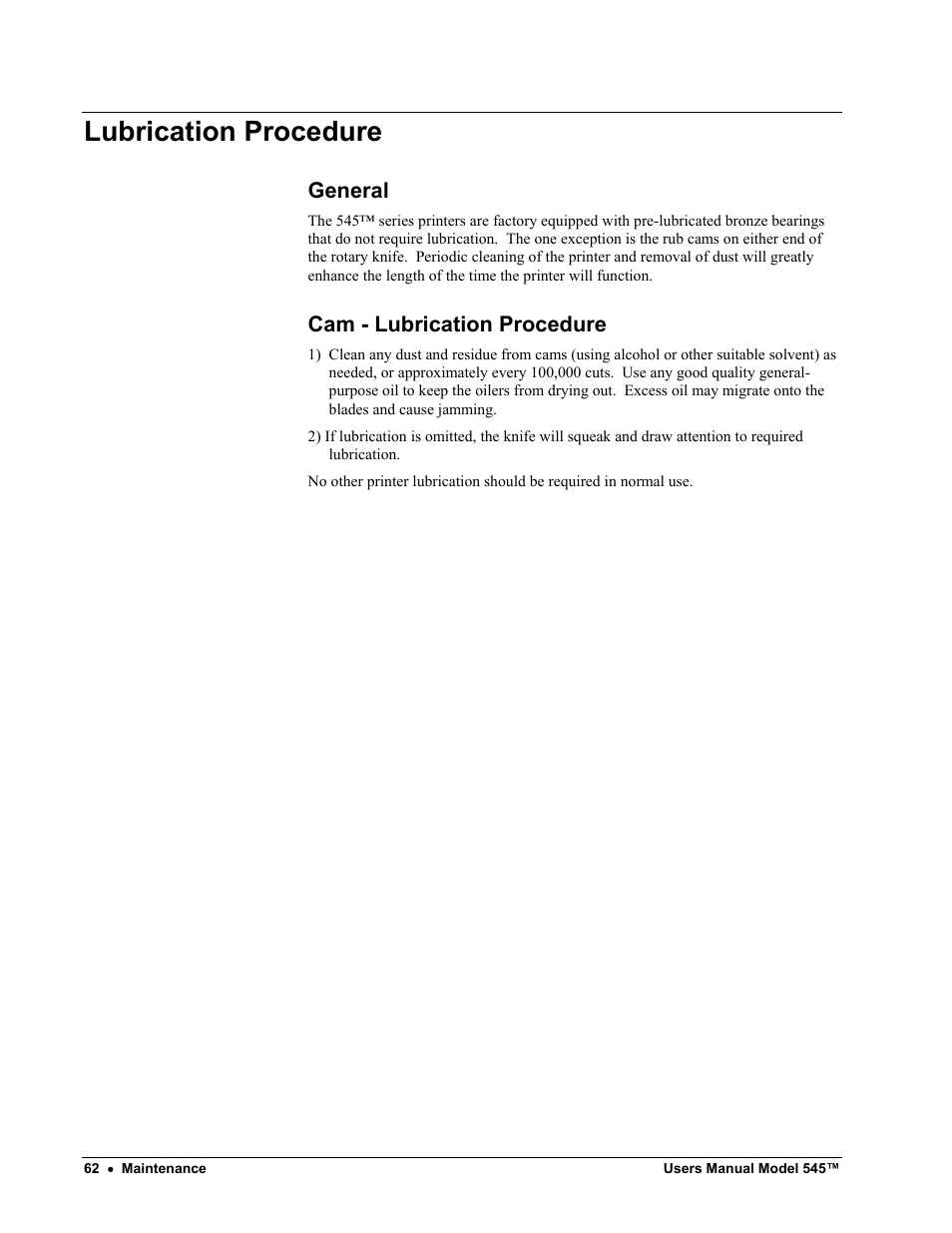 Lubrication procedure, General, Cam - lubrication procedure | Paxar 545 User Manual | Page 64 / 121