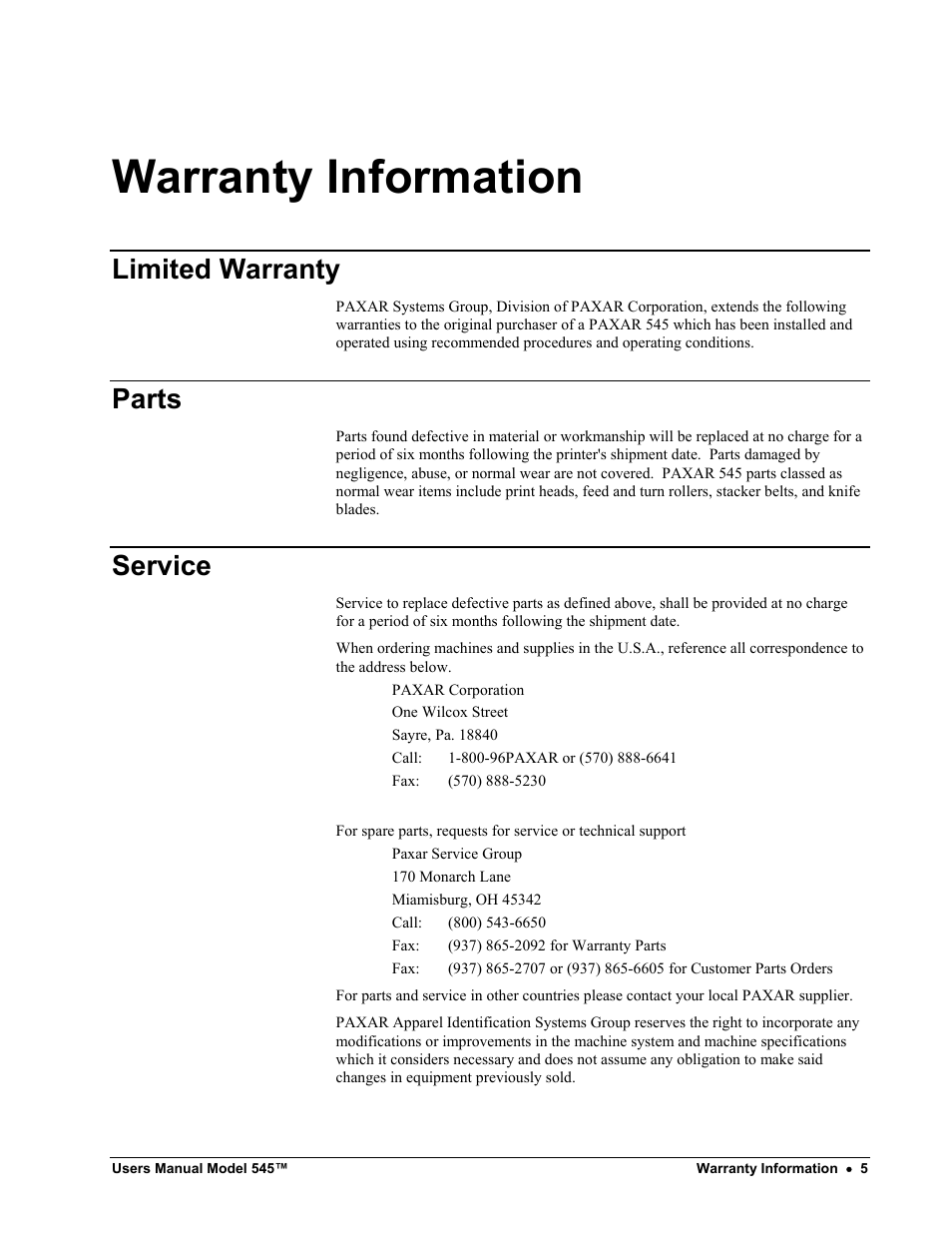 Warranty information, Limited warranty, Parts | Service | Paxar 545 User Manual | Page 7 / 121