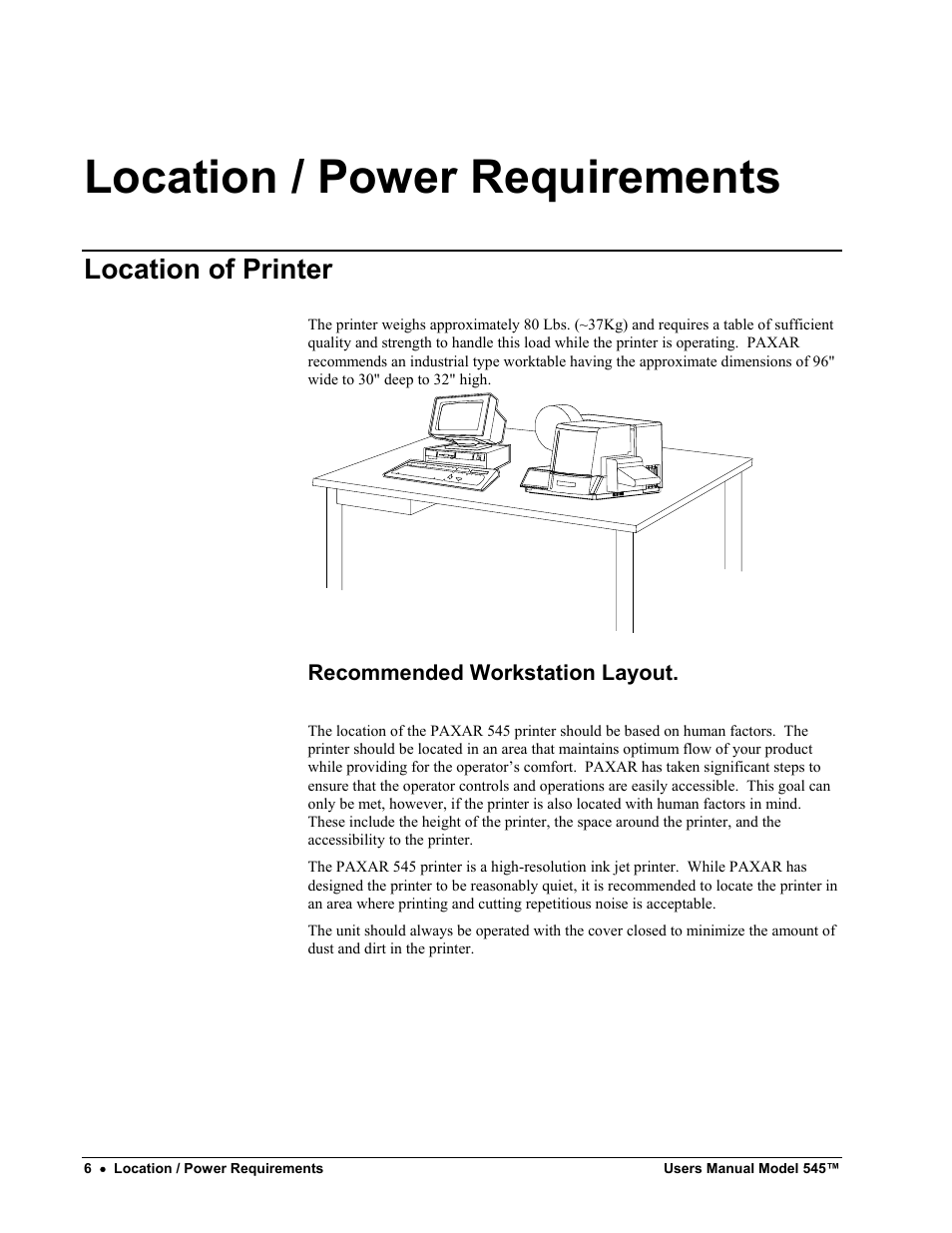 Location / power requirements, Location of printer | Paxar 545 User Manual | Page 8 / 121