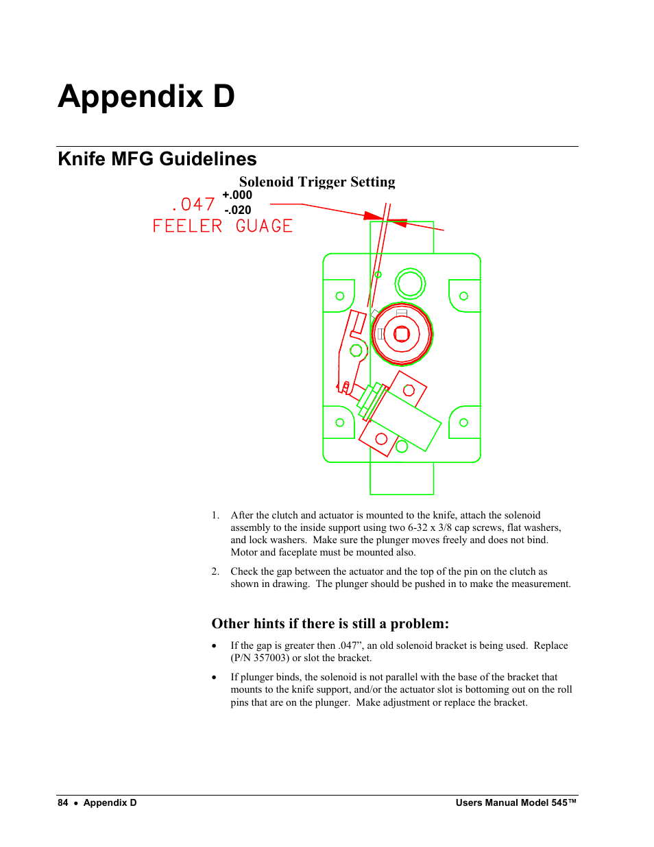 Appendix d, Knife mfg guidelines | Paxar 545 User Manual | Page 86 / 121