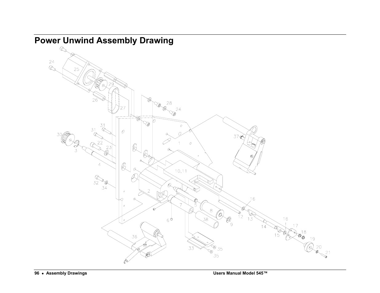 Power unwind assembly drawing | Paxar 545 User Manual | Page 98 / 121