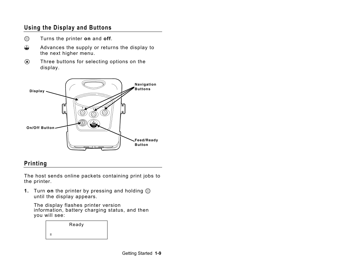 Using the display and buttons, Printing | Paxar Monarch Sierra Sport2 User Manual | Page 13 / 38