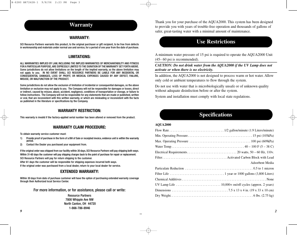 Use restrictions, Specifications, Warranty | Puratron Products AQUA2000 User Manual | Page 10 / 12