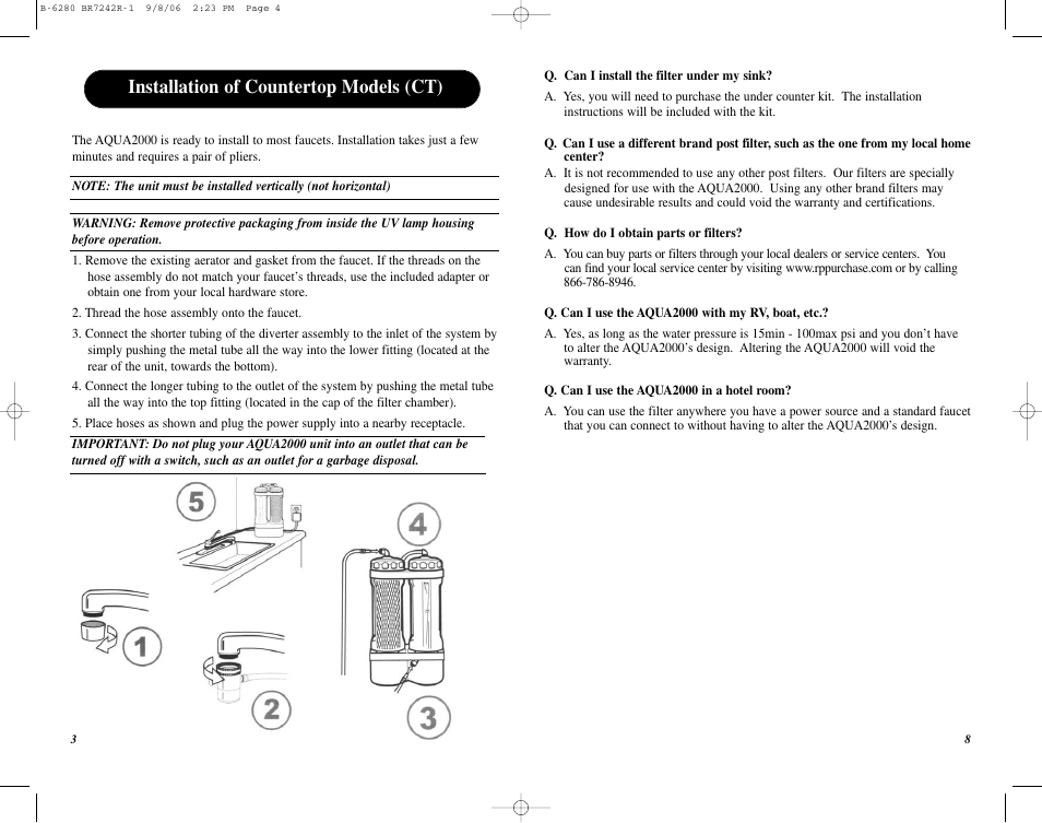 Installation of countertop models (ct) | Puratron Products AQUA2000 User Manual | Page 9 / 12
