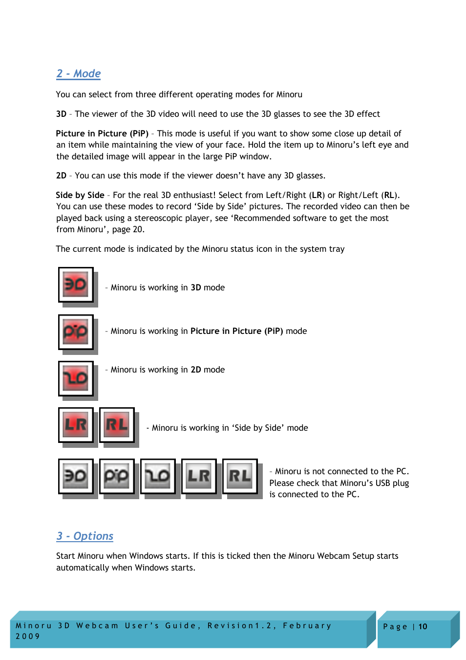 2 - mode, 3 - options | Novo Minoru Minoru 3D User Manual | Page 10 / 22