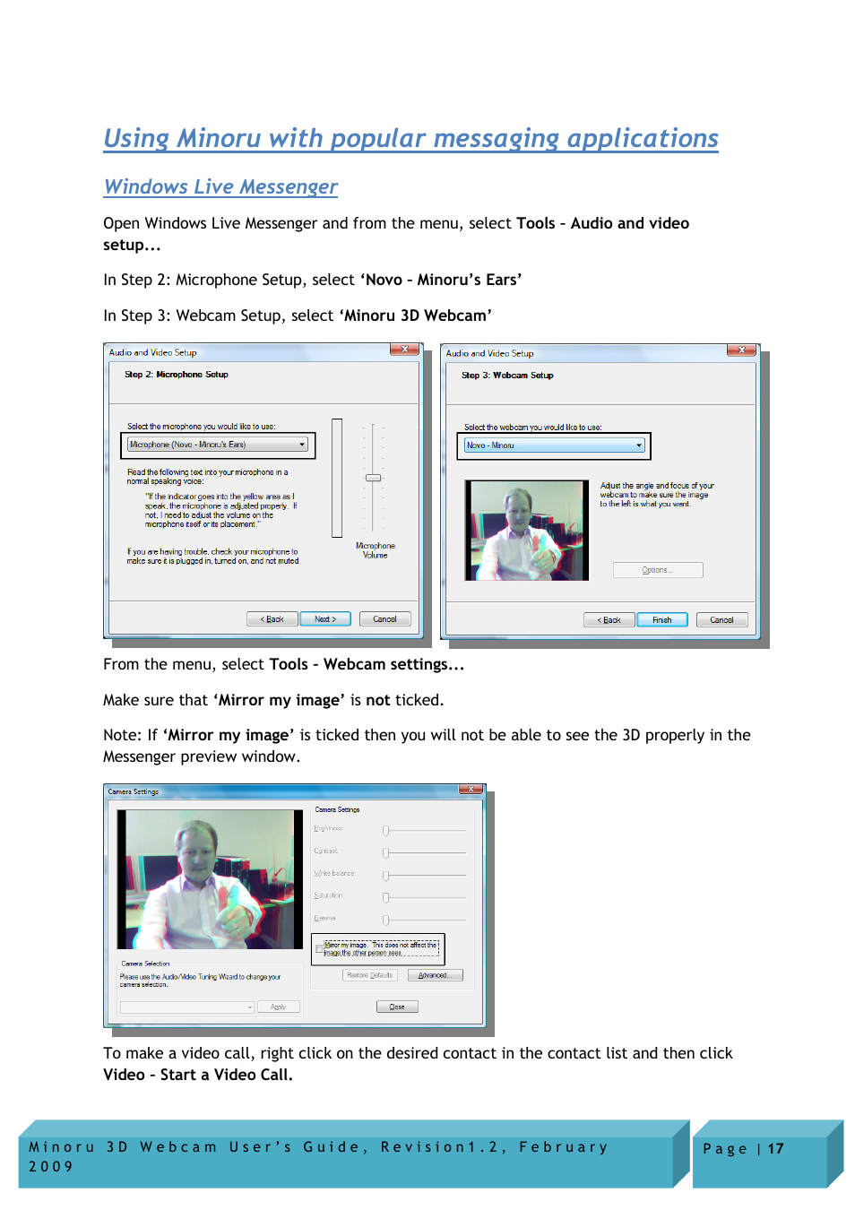 Using minoru with popular messaging applications, Windows live messenger | Novo Minoru Minoru 3D User Manual | Page 17 / 22