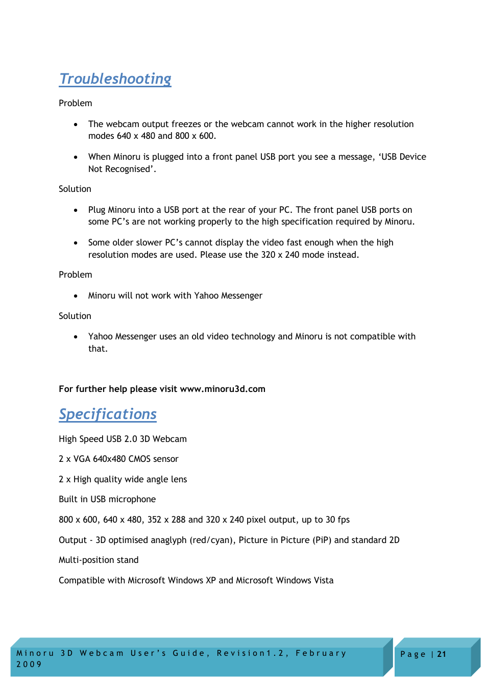 Troubleshooting, Specifications | Novo Minoru Minoru 3D User Manual | Page 21 / 22