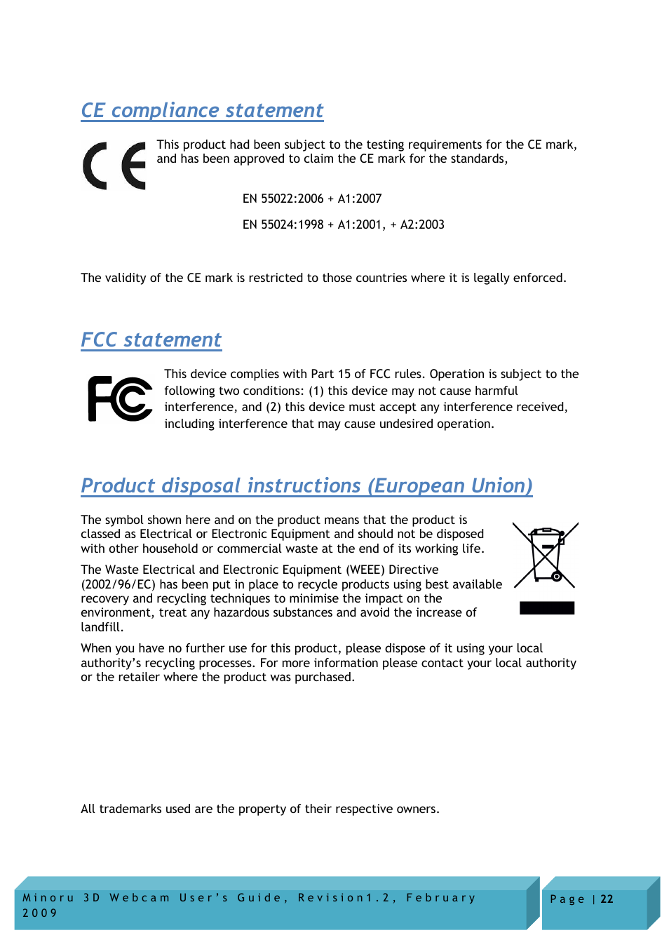 Ce compliance statement, Fcc statement, Product disposal instructions (european union) | Novo Minoru Minoru 3D User Manual | Page 22 / 22