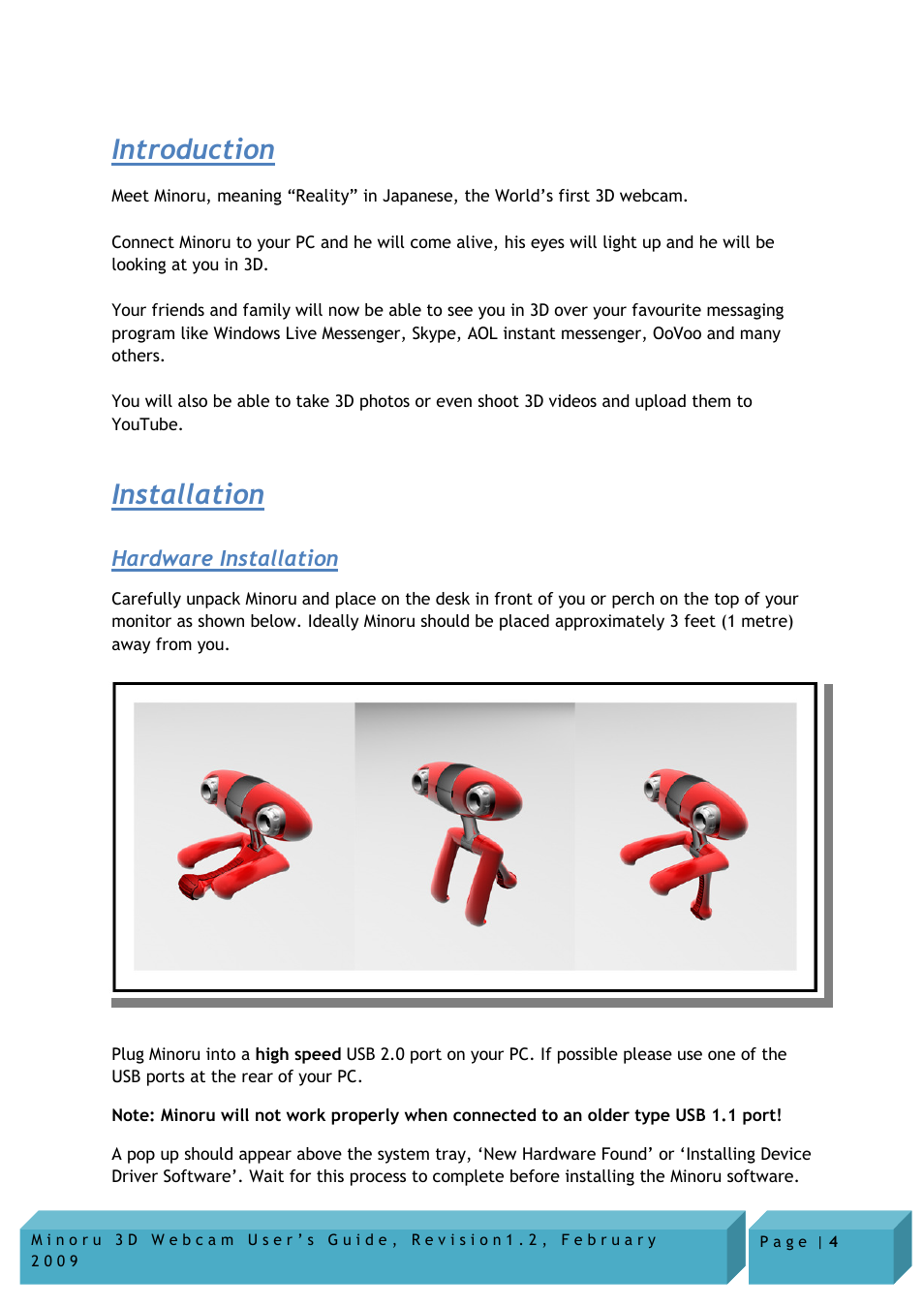 Introduction, Installation, Hardware installation | Novo Minoru Minoru 3D User Manual | Page 4 / 22