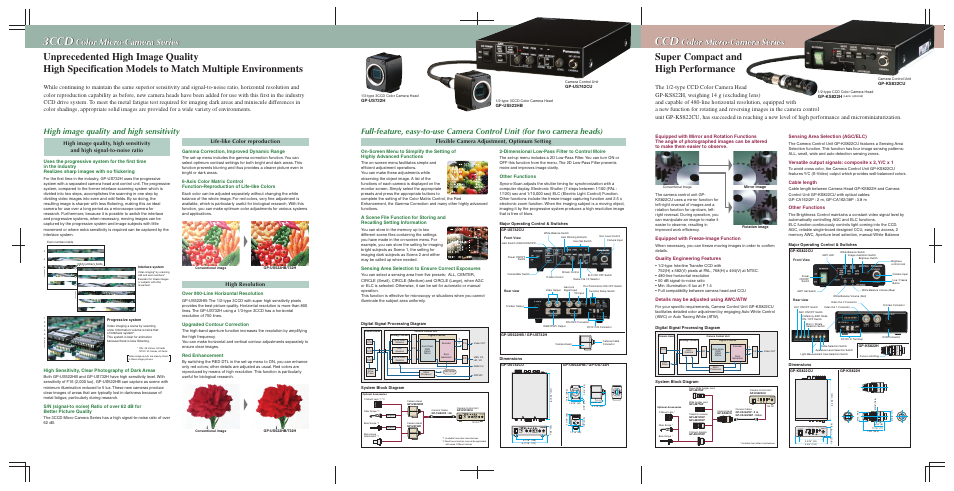 3ccd, Super compact and high performance, Color micro-camera series | High image quality and high sensitivity, Other functions, Over 800-line horizontal resolution, Upgraded contour correction, Red enhancement, High sensitivity, clear photography of dark areas, Equipped with freeze-image function | Panasonic GP-US742CU User Manual | Page 3 / 5