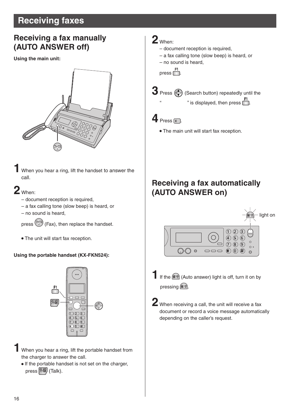 Receiving faxes, Receiving a fax manually (auto answer off), Receiving a fax automatically (auto answer on) | Panasonic KX-PW506DW User Manual | Page 16 / 20